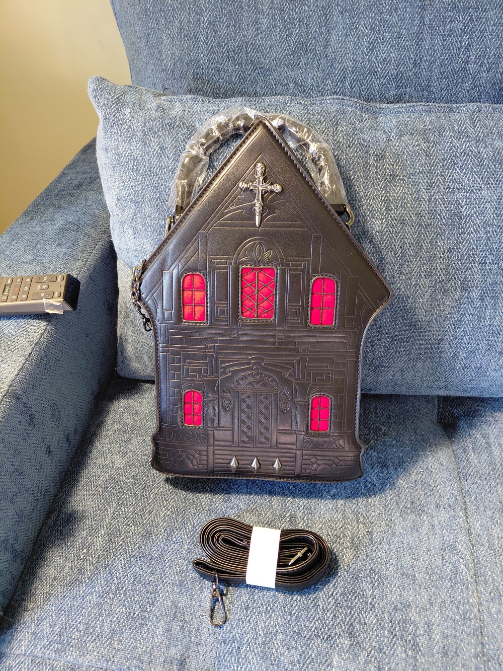 Gothic House-Shaped Crossbody Bag in Black with Pink Window Insets - Picture 6 of 6